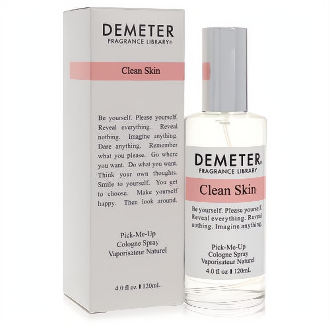 Demeter Clean Skin 4 oz cologne spray in a clear glass bottle and elegant white box with a distinctive pink band.
