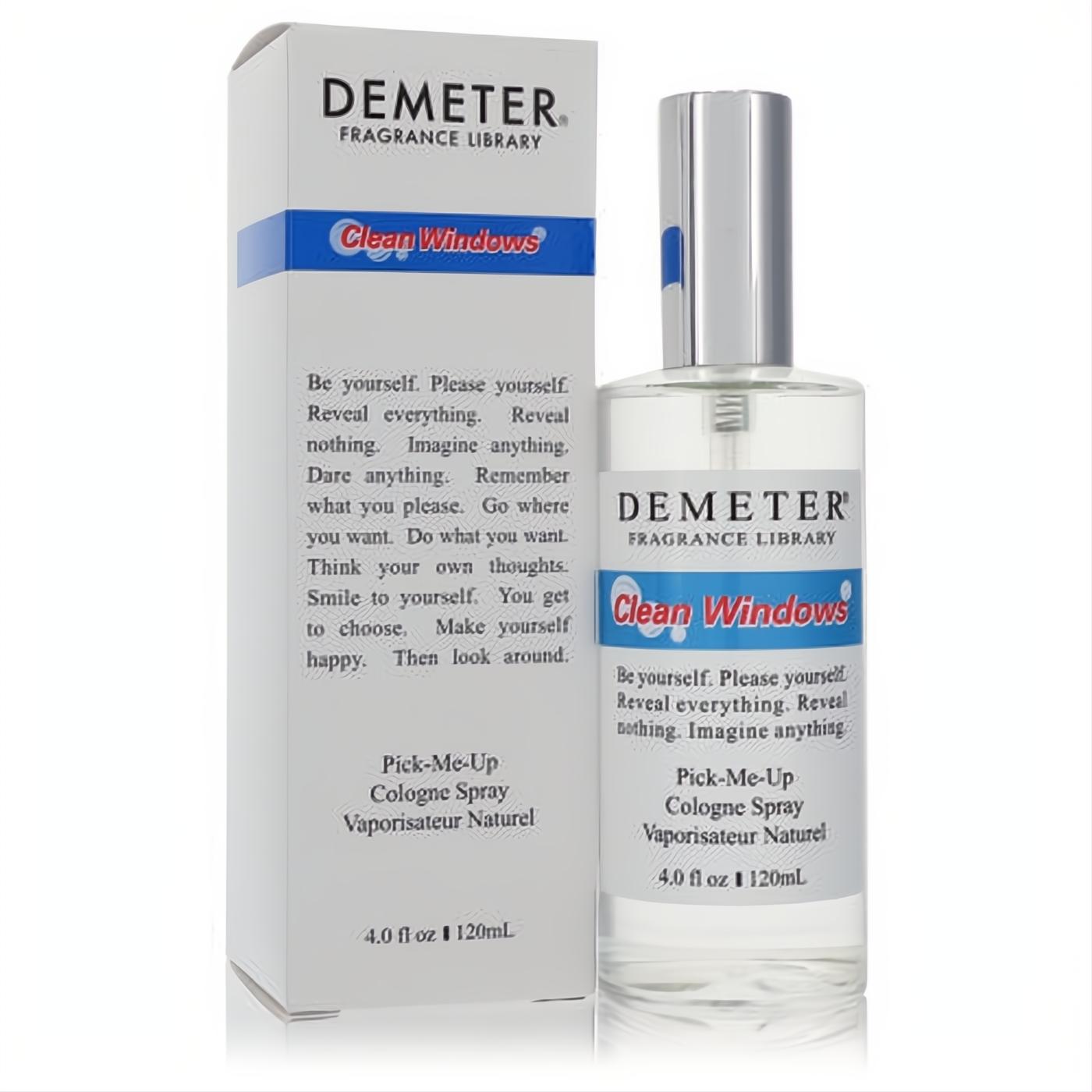 Invigorating Demeter Clean Windows 4 oz cologne spray. Clear glass bottle with sleek silver cap, next to its matching white box.