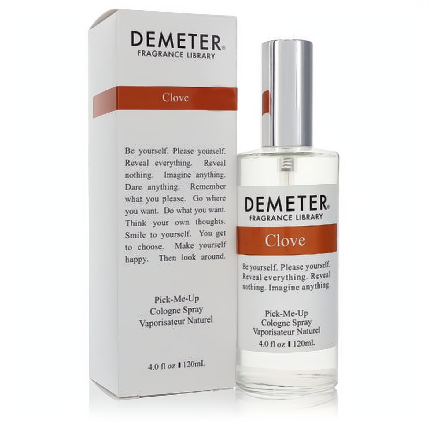 Demeter Clove 4 oz unisex cologne spray. Clear glass bottle, silver cap, and white box with warm orange band.