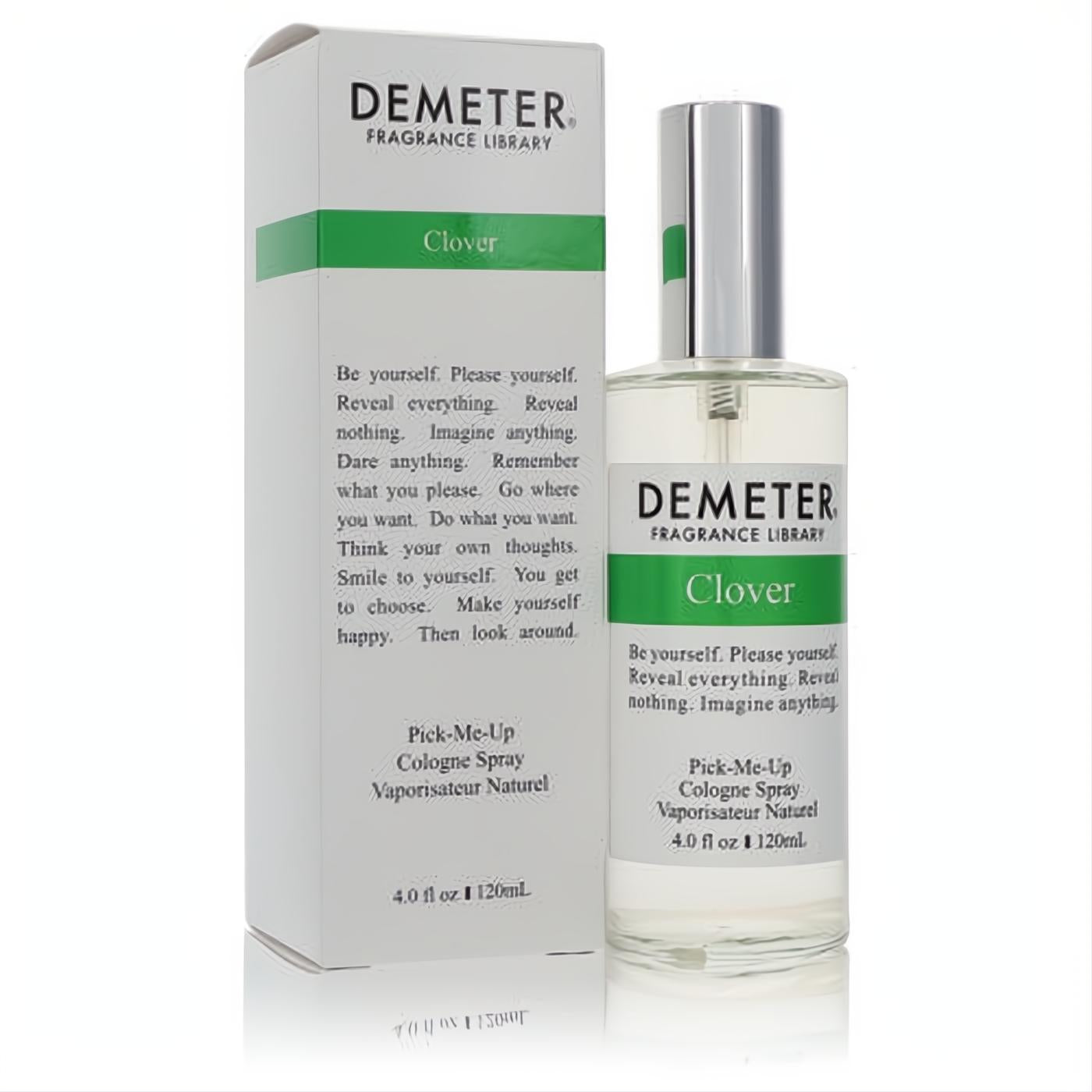 Demeter Clover 4 oz cologne spray. Clear glass bottle with silver cap, vibrant white & green label, presented with its matching box.