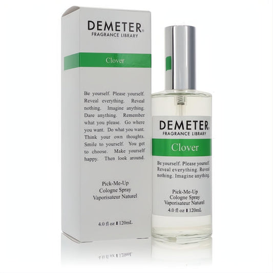 Demeter Clover 4 oz cologne spray. Clear glass bottle with silver cap, vibrant white & green label, presented with its matching box.