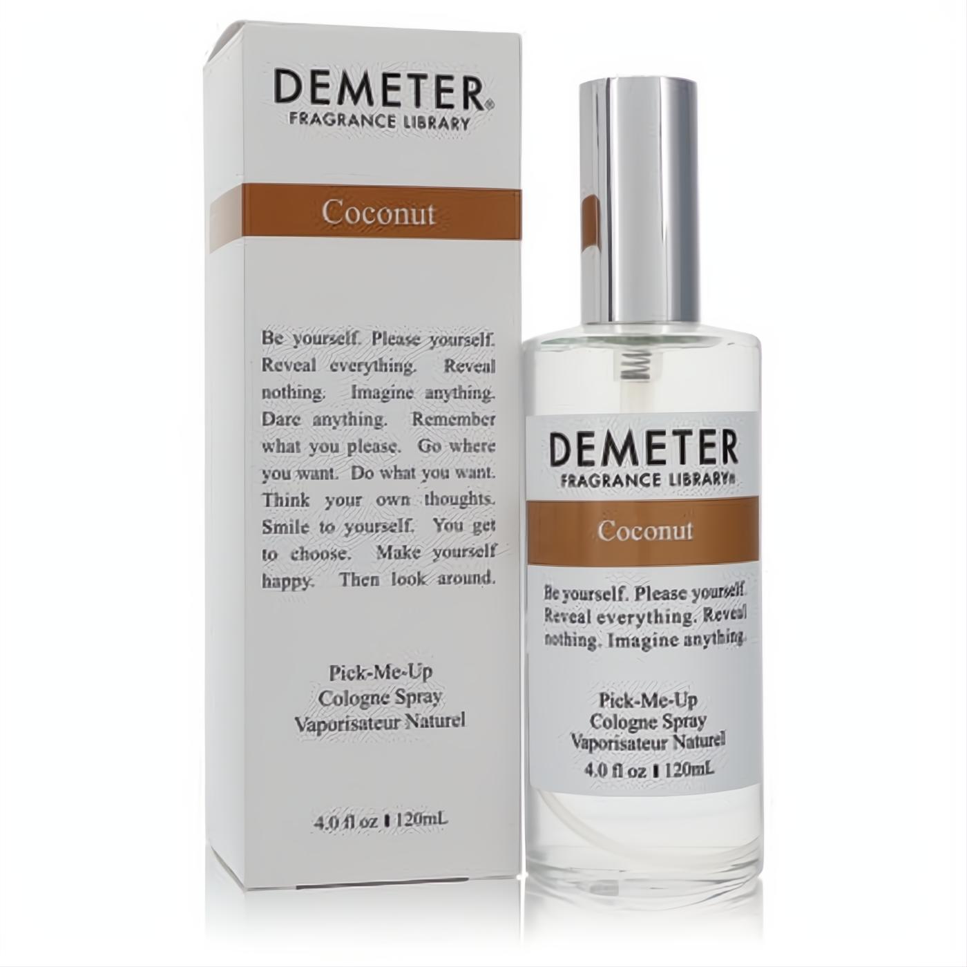 Tropical Demeter Coconut 4 oz unisex cologne spray. Sleek clear glass bottle with silver cap and matching white box.