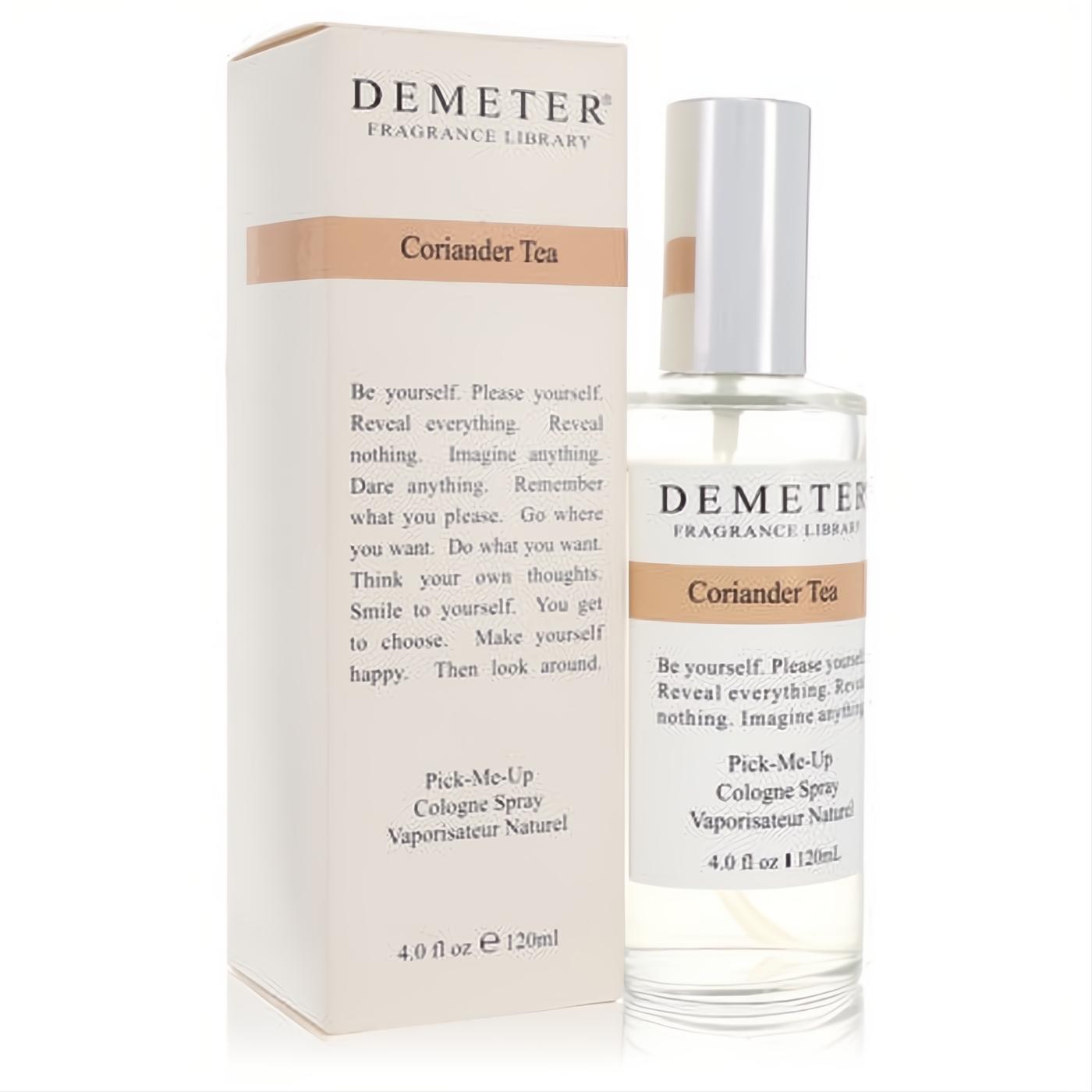 Discover Demeter Coriander Tea 4 oz cologne spray. Sleek clear bottle, silver cap, and stylish beige box.