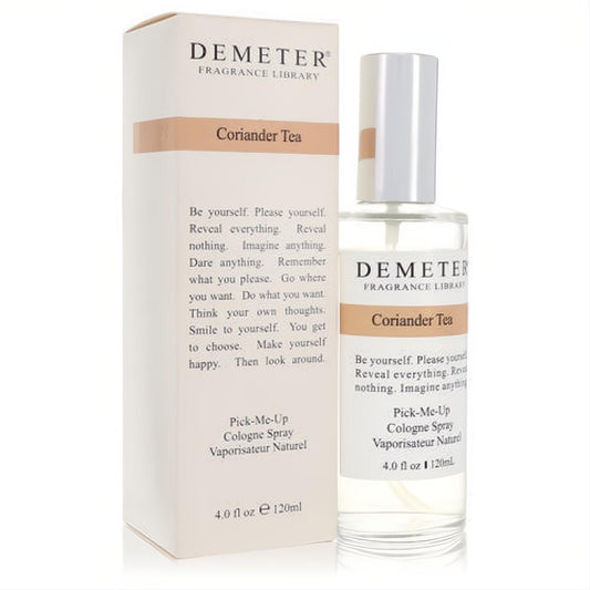 Discover Demeter Coriander Tea 4 oz cologne spray. Sleek clear bottle, silver cap, and stylish beige box.