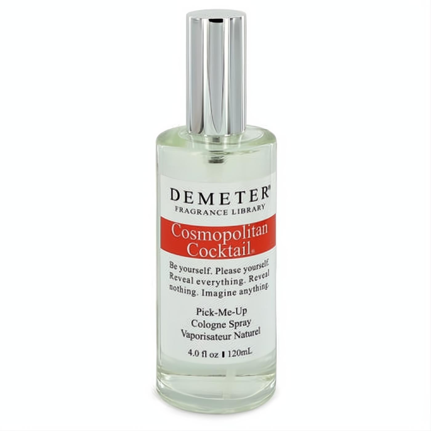 Demeter Cosmopolitan Cocktail 4 oz cologne spray in a chic clear glass bottle with a vibrant red label and sleek silver cap.