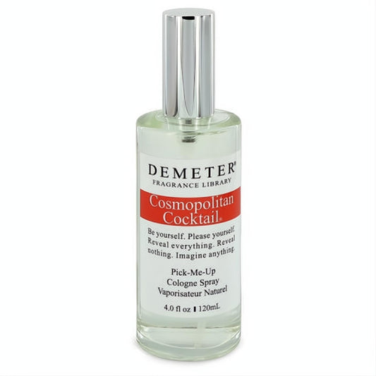Demeter Cosmopolitan Cocktail 4 oz cologne spray in a chic clear glass bottle with a vibrant red label and sleek silver cap.