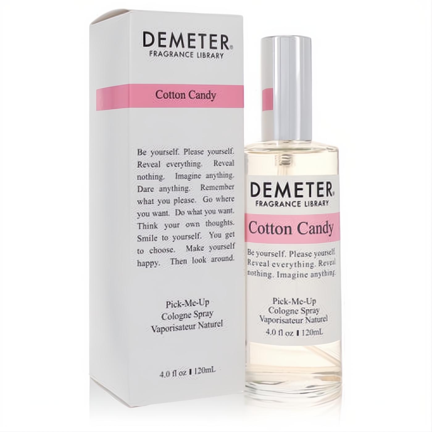 Sweet Demeter Cotton Candy 4 oz cologne spray. Clear glass bottle with pink label, sleek silver cap, and matching white box.