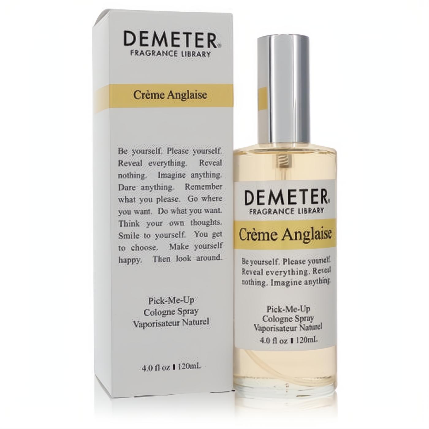 Demeter Crème Anglaise 4 oz unisex cologne spray in clear bottle with silver cap, beside its elegant white box.
