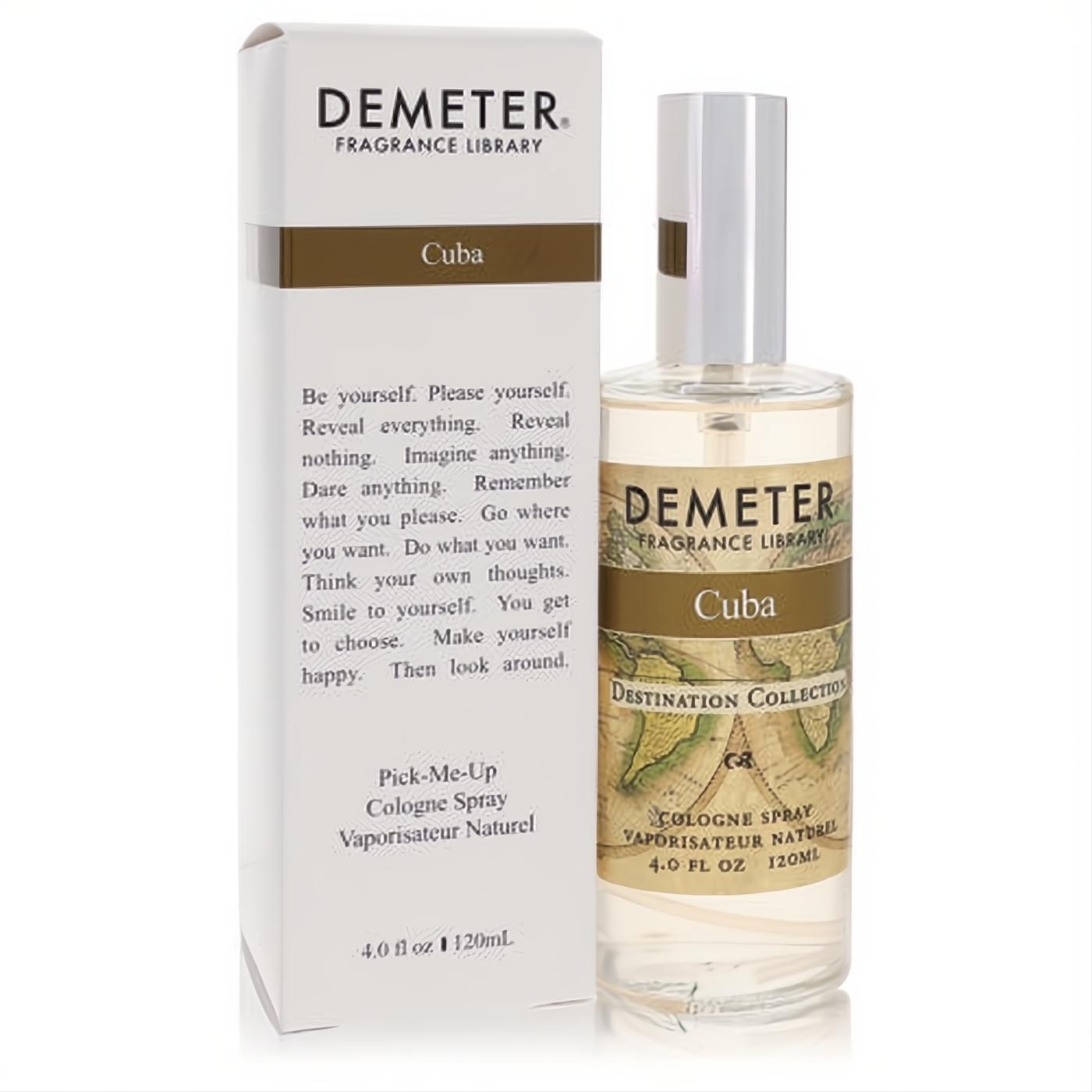 Demeter Cuba 4 oz Destination Collection cologne spray. Clear glass bottle with vintage map label, elegant white box.