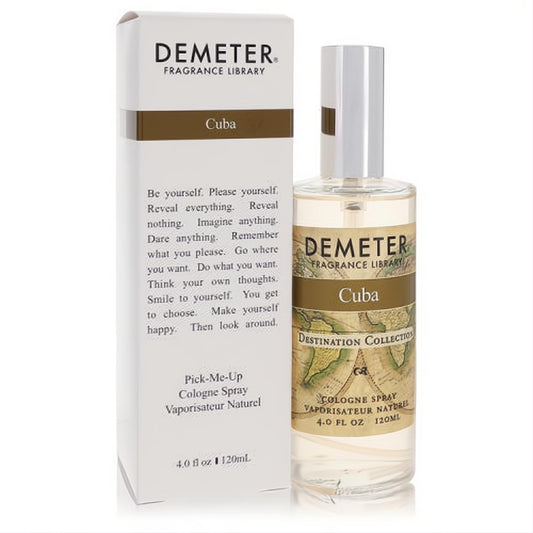 Demeter Cuba 4 oz Destination Collection cologne spray. Clear glass bottle with vintage map label, elegant white box.
