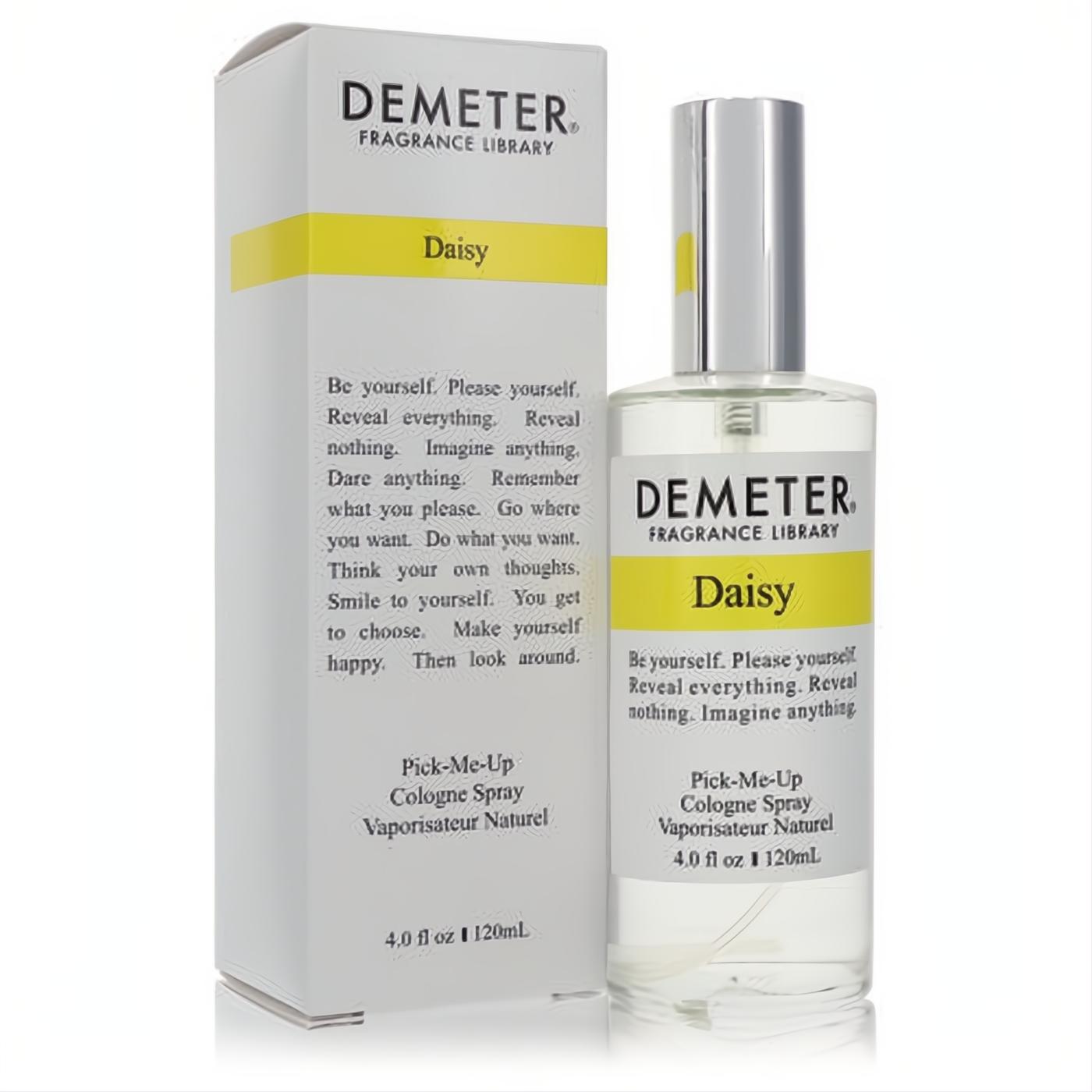 Demeter Daisy 4 oz women's cologne spray: clear glass bottle with a vibrant yellow and white label, paired with its crisp white box.