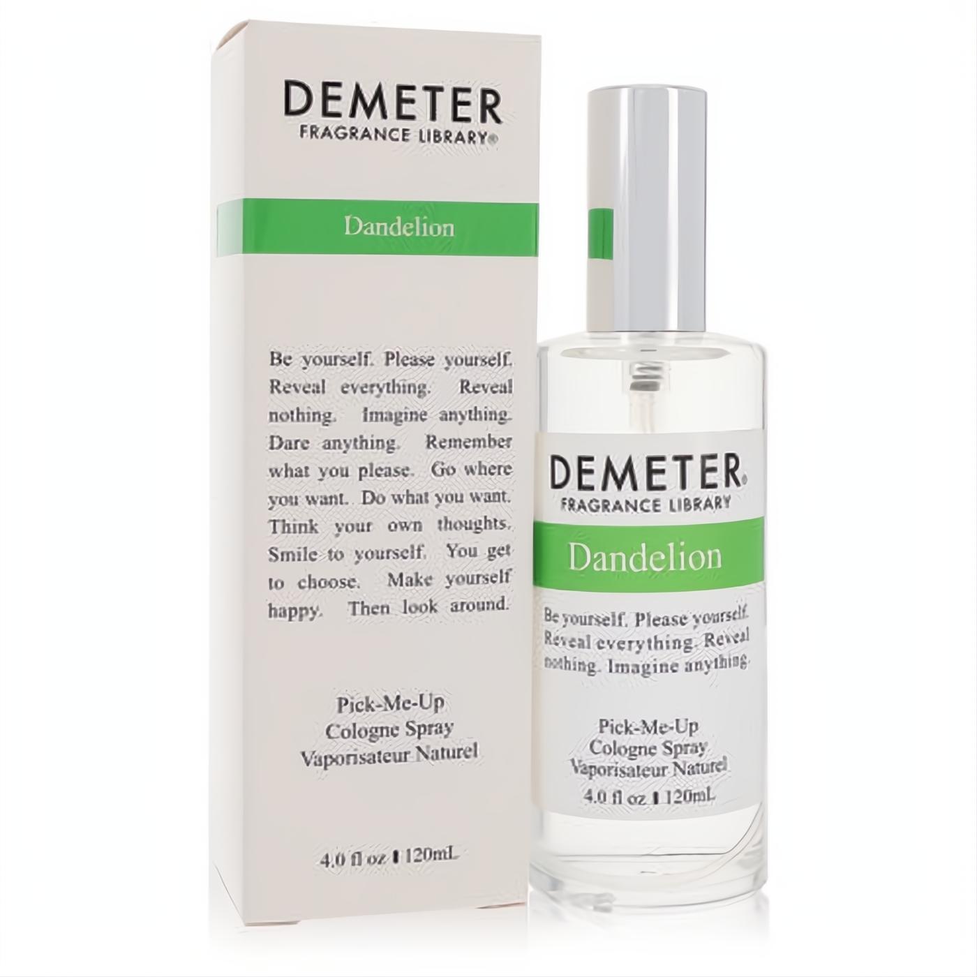 Demeter Dandelion 4 oz cologne spray in a sleek clear glass bottle with silver cap and vibrant green label, next to its elegant white box.