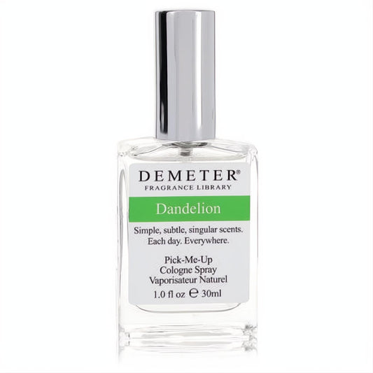 Demeter Dandelion 1 oz cologne spray. Clear glass bottle, sleek silver cap, white label with vibrant green details.