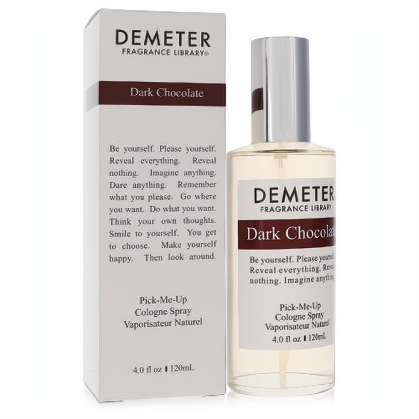 Demeter Dark Chocolate 4 oz cologne spray in a clear glass bottle with a sleek silver cap, next to its elegant white and brown box.