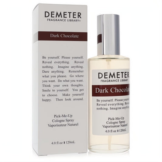 Demeter Dark Chocolate 4 oz cologne spray in a clear glass bottle with a sleek silver cap, next to its elegant white and brown box.