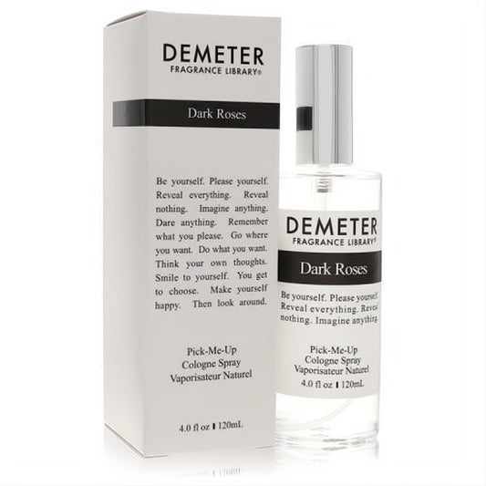 Demeter Dark Roses 4 oz cologne spray, a clear glass fragrance bottle with a sleek silver cap and elegant white box.
