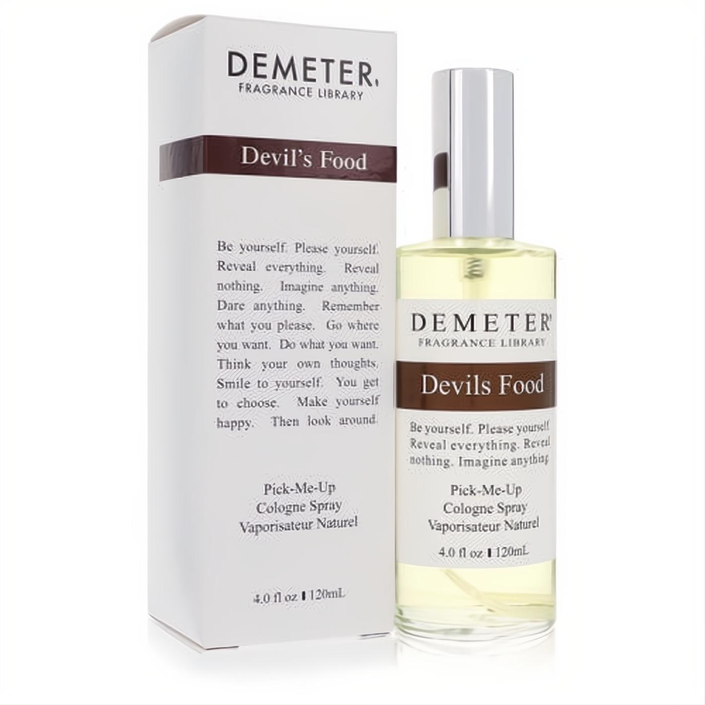 Demeter Devil's Food 4 oz cologne spray: clear glass bottle with light yellow liquid, elegant white box. Indulge in rich chocolate cake scent.