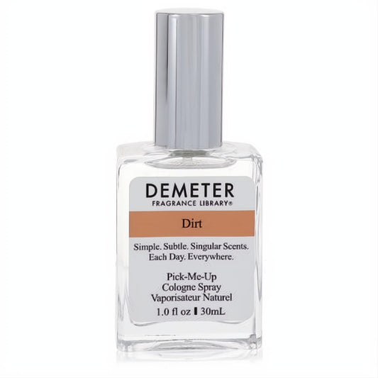 Demeter Dirt 1 oz cologne spray. Clear glass bottle, sleek silver cap, and a unique brown label highlighting the "Dirt" scent.