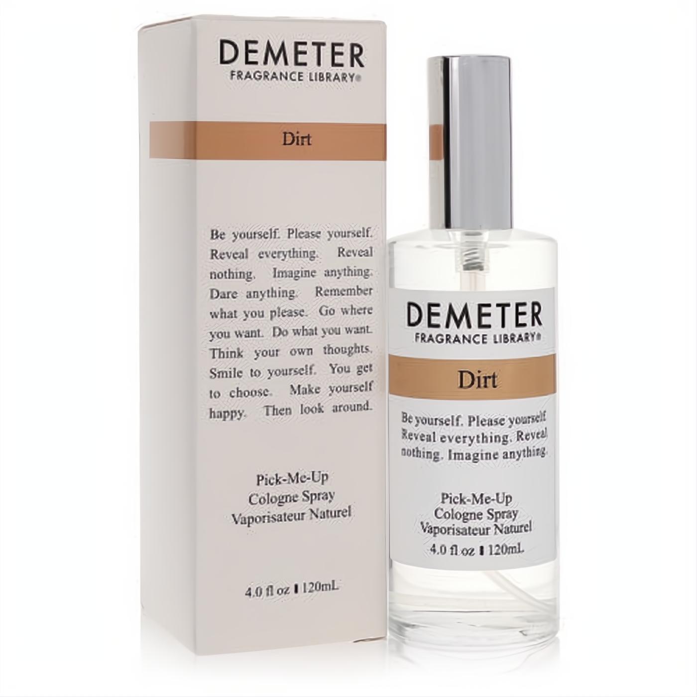 Demeter Dirt 4 oz cologne spray. Clear glass bottle, silver cap, and stylish white & brown box for a unique fragrance.