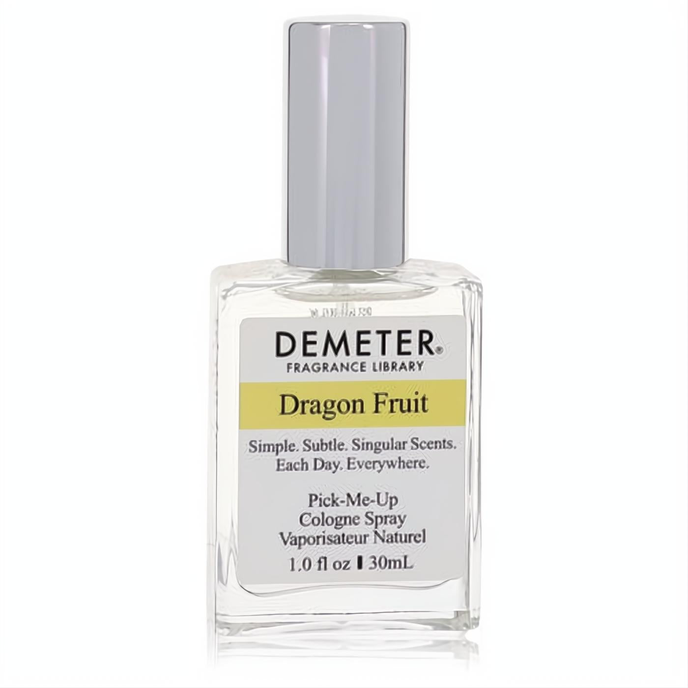 Experience Demeter Dragon Fruit 1 oz cologne spray in a clear glass bottle with a sleek silver cap and vibrant yellow label.