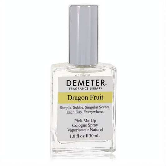Experience Demeter Dragon Fruit 1 oz cologne spray in a clear glass bottle with a sleek silver cap and vibrant yellow label.