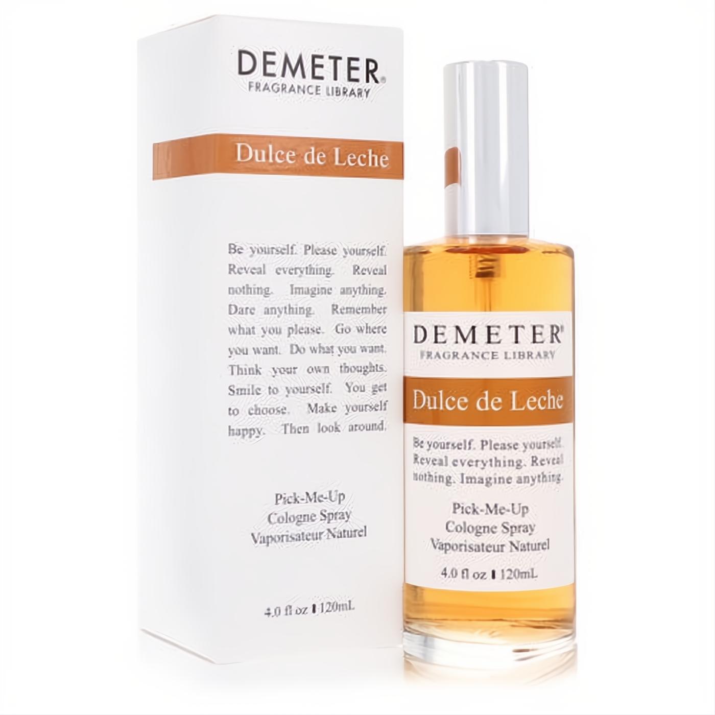 Demeter Dulce De Leche 4 oz cologne spray, with golden caramel liquid in a clear bottle and elegant white box.
