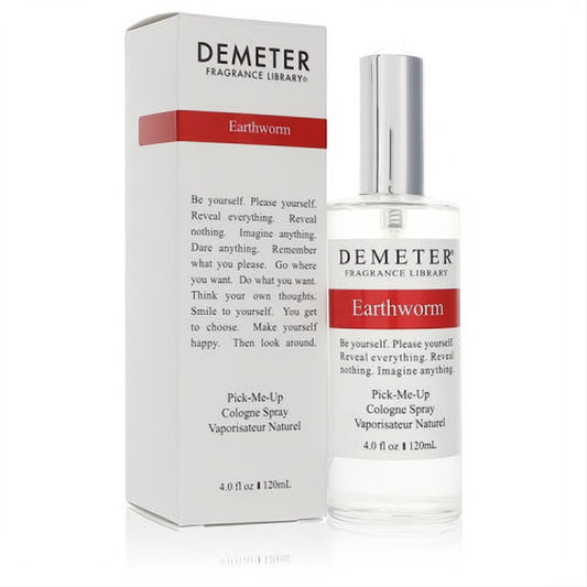 Demeter Earthworm 4 oz unisex cologne spray. Clear bottle with sleek silver cap, paired with a crisp white box featuring a striking red band.