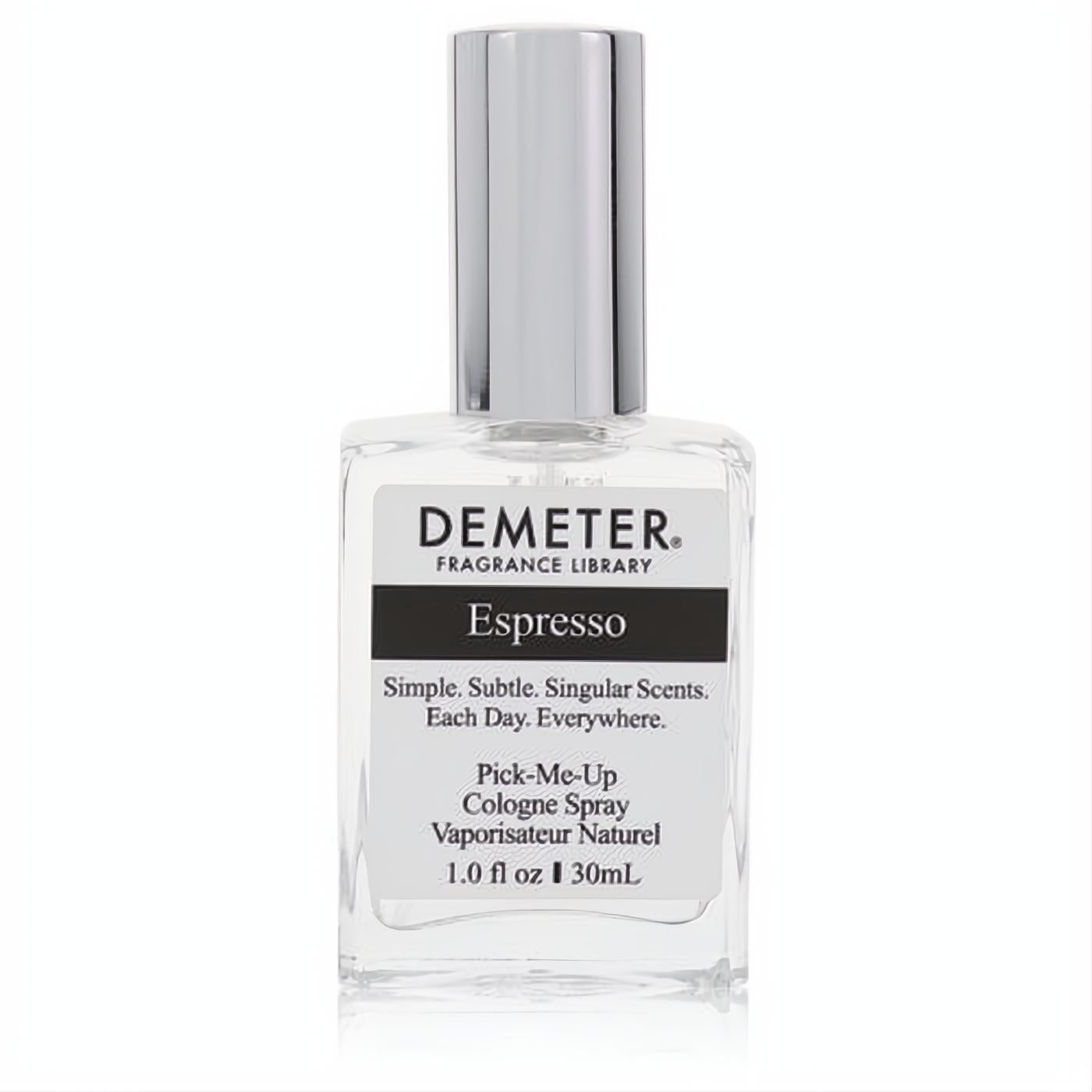 Demeter Espresso 1 oz cologne spray. Clear glass bottle with a sleek silver cap, delivering a fresh, comforting coffee aroma.