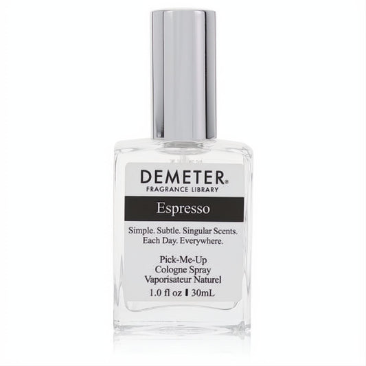 Demeter Espresso 1 oz cologne spray. Clear glass bottle with a sleek silver cap, delivering a fresh, comforting coffee aroma.