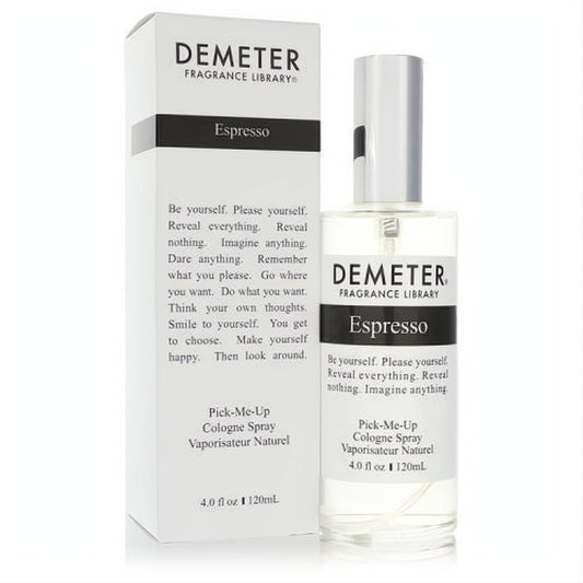 Demeter Espresso 4 oz cologne spray. Clear glass bottle, silver cap, and sleek white box. Perfect for coffee lovers.