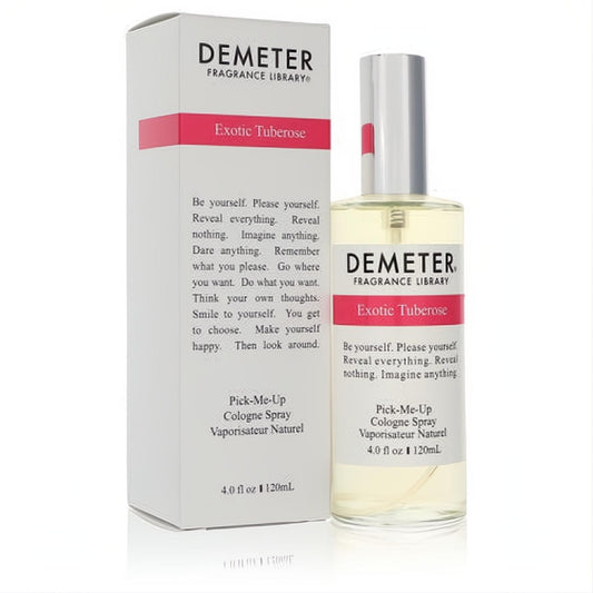 Demeter Exotic Tuberose 4 oz cologne spray in a clear glass bottle with silver cap, beside its elegant white and pink box.