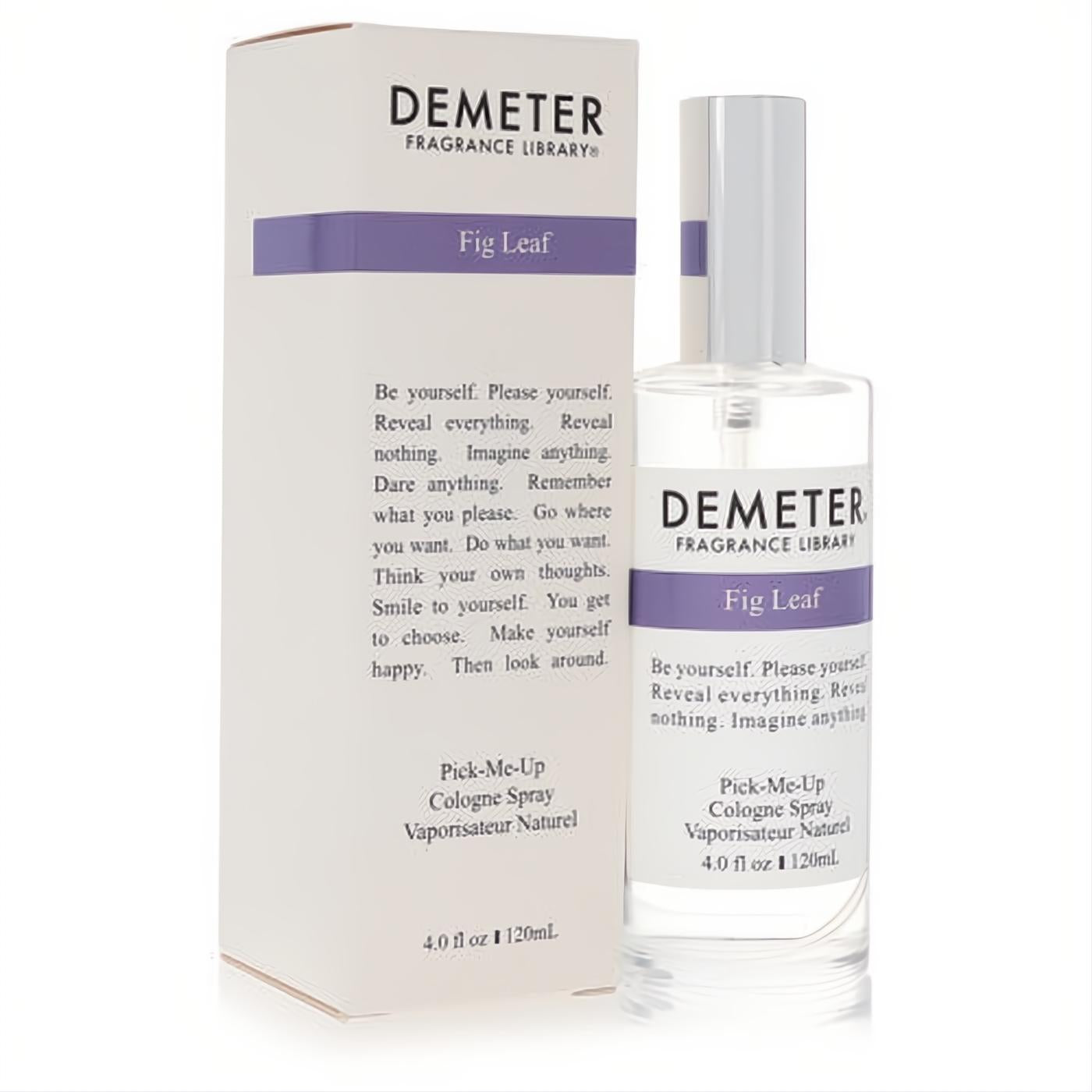 Clear Demeter Fig Leaf 4 oz cologne spray bottle with a silver cap next to its white and purple box.