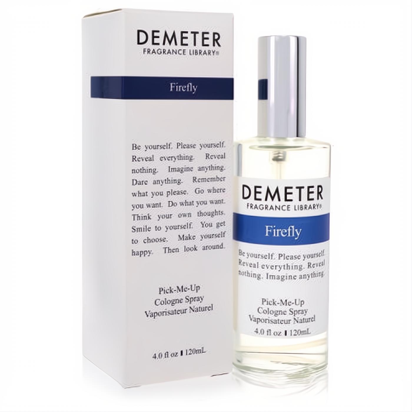 Demeter Firefly 4 oz cologne spray: clear glass bottle with silver cap, presented in its elegant white box.