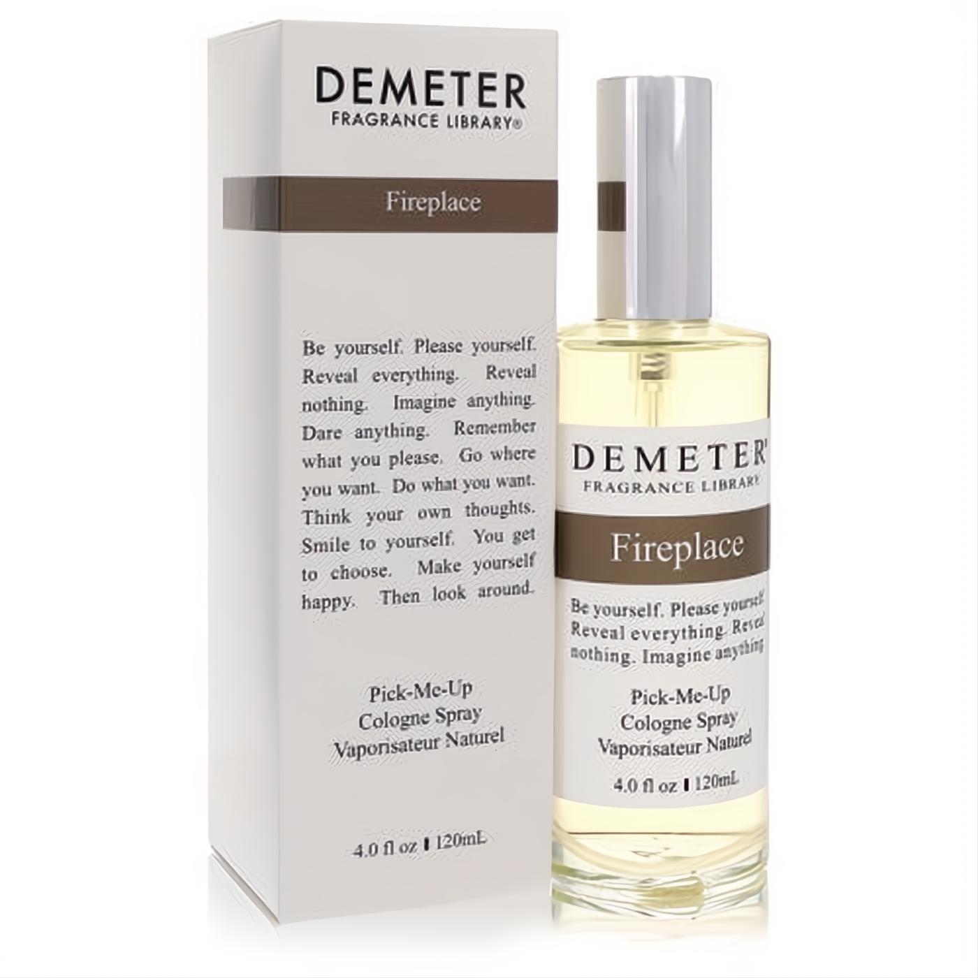 Demeter Fireplace 4 oz woody cologne spray. Clear glass bottle with silver cap and elegant white box.