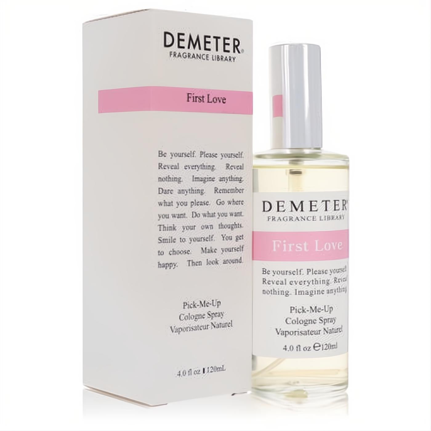 Demeter First Love 4 oz cologne spray, a clear glass bottle with silver cap and elegant white box with a vibrant pink "First Love" label.