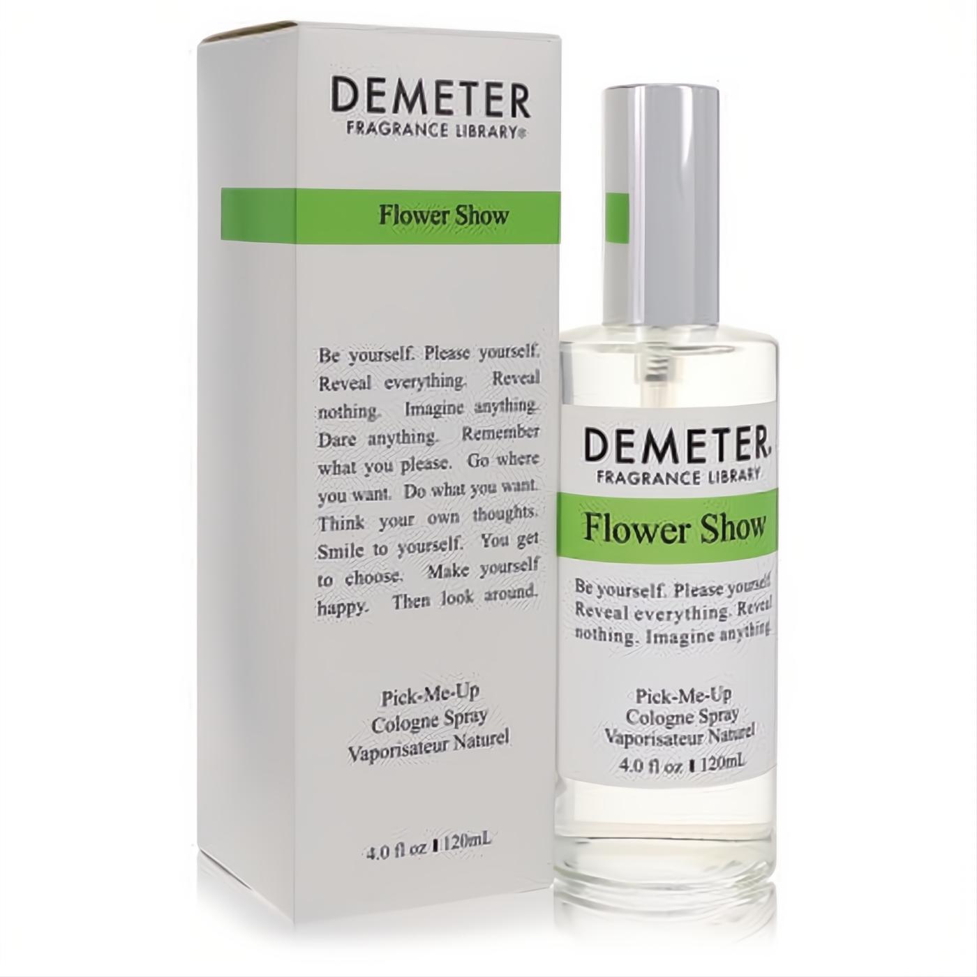 Demeter Flower Show 4 oz cologne spray: elegant clear glass bottle with silver cap, vibrant green accents, and matching white box.