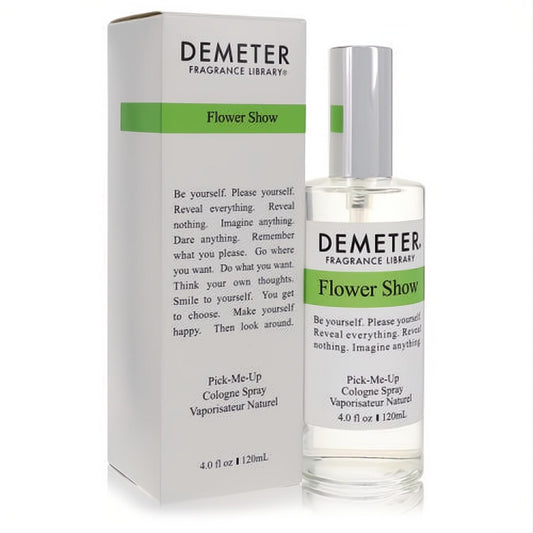 Demeter Flower Show 4 oz cologne spray: elegant clear glass bottle with silver cap, vibrant green accents, and matching white box.