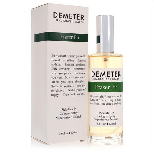 Demeter Fraser Fir 4 oz cologne spray in a sleek glass bottle with silver cap, presented with its crisp white and green branded box.