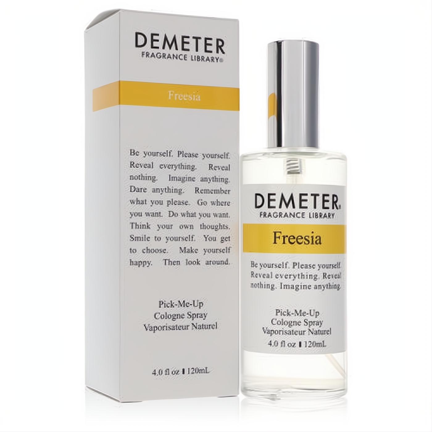 Refreshing Demeter Freesia 4 oz women's cologne spray in a clear glass bottle with a silver cap and elegant white & yellow box.