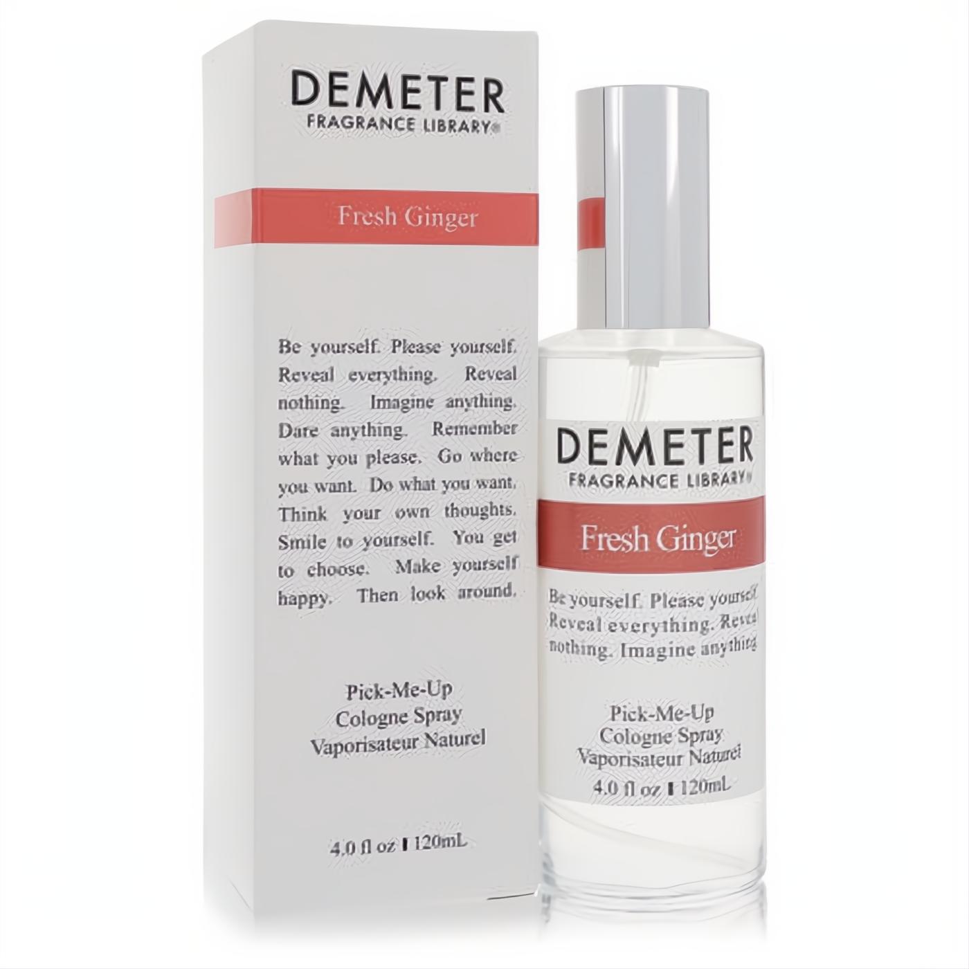 Demeter Fresh Ginger 4 oz cologne spray. Clear glass bottle, silver cap, and crisp white box with red 'Fresh Ginger' band. Captivating unisex scent.