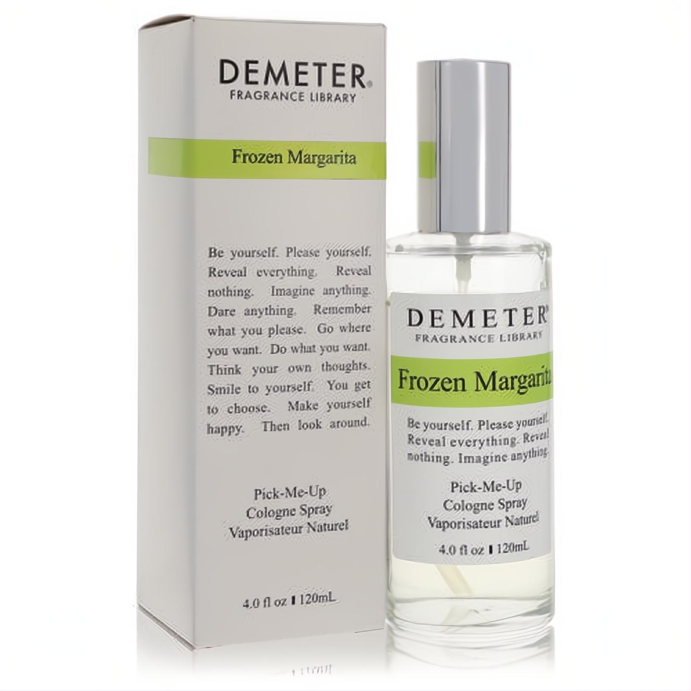 Elevate your day with Demeter Frozen Margarita 4 oz cologne. Clear glass spray bottle, silver cap, and white box with vibrant green accents.