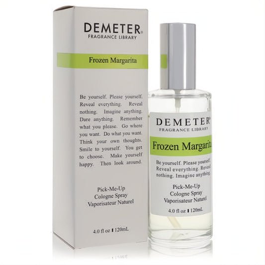 Elevate your day with Demeter Frozen Margarita 4 oz cologne. Clear glass spray bottle, silver cap, and white box with vibrant green accents.