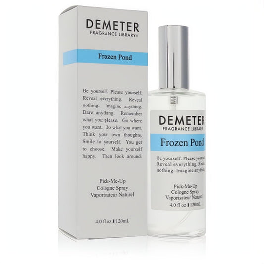 Demeter Frozen Pond 4 oz unisex cologne in a clear glass spray bottle with silver cap and crisp white box.