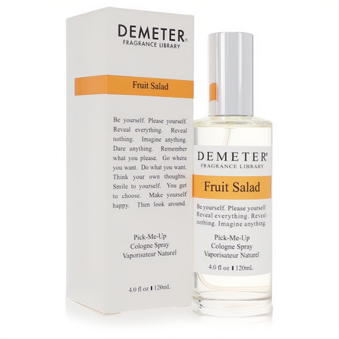 Demeter Fruit Salad 4 oz cologne spray: clear glass bottle with silver cap, vibrant orange label, and matching white box.