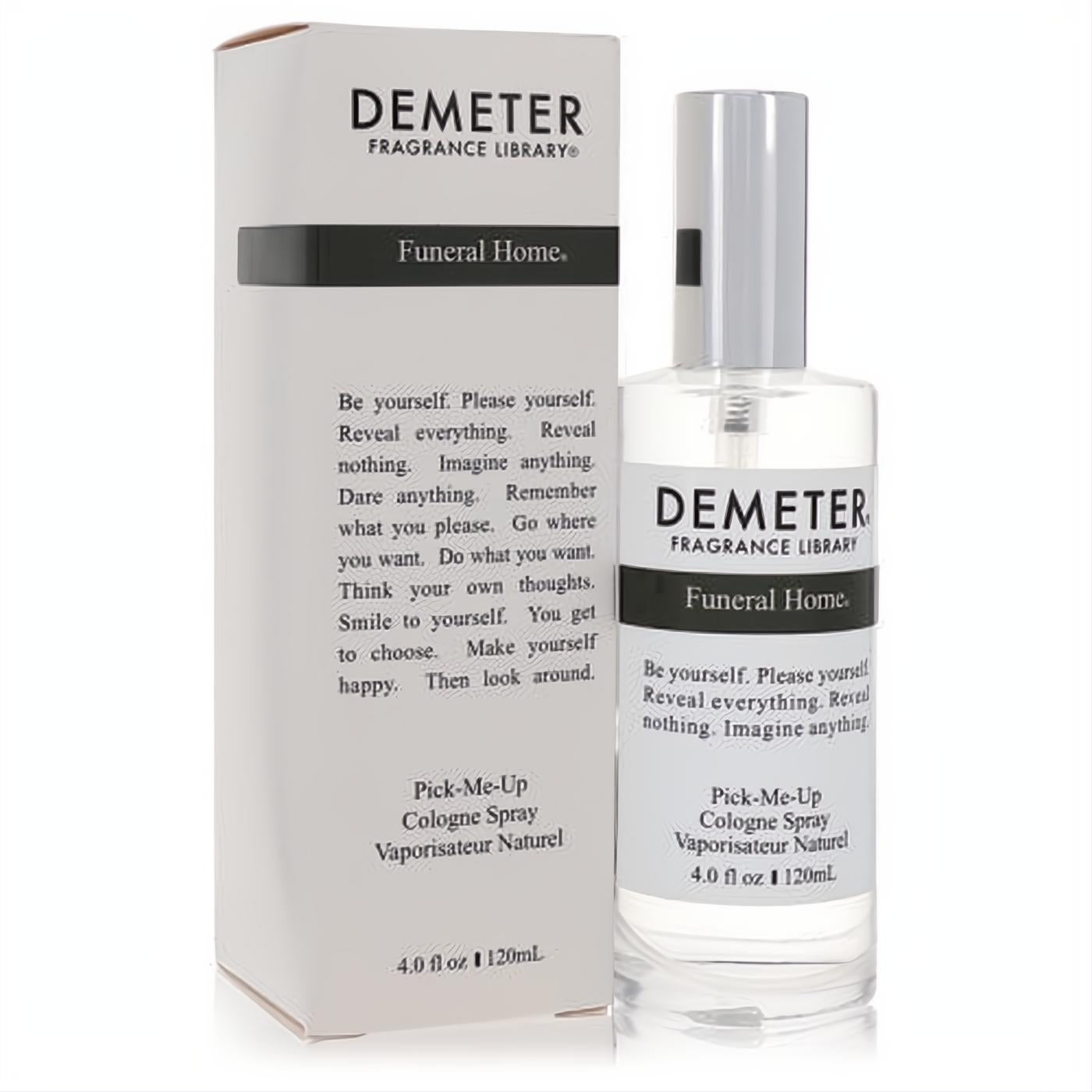 Demeter Funeral Home 4 oz cologne spray in a clear glass bottle with a sleek silver cap, displayed with its minimalist white box.
