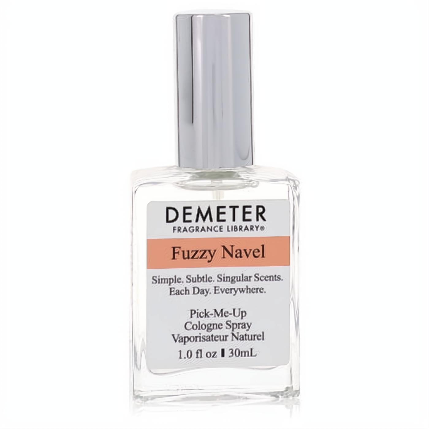Demeter Fuzzy Navel 1 oz cologne spray in a clear glass bottle with a sleek silver cap and vibrant peach label.