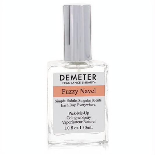 Demeter Fuzzy Navel 1 oz cologne spray in a clear glass bottle with a sleek silver cap and vibrant peach label.