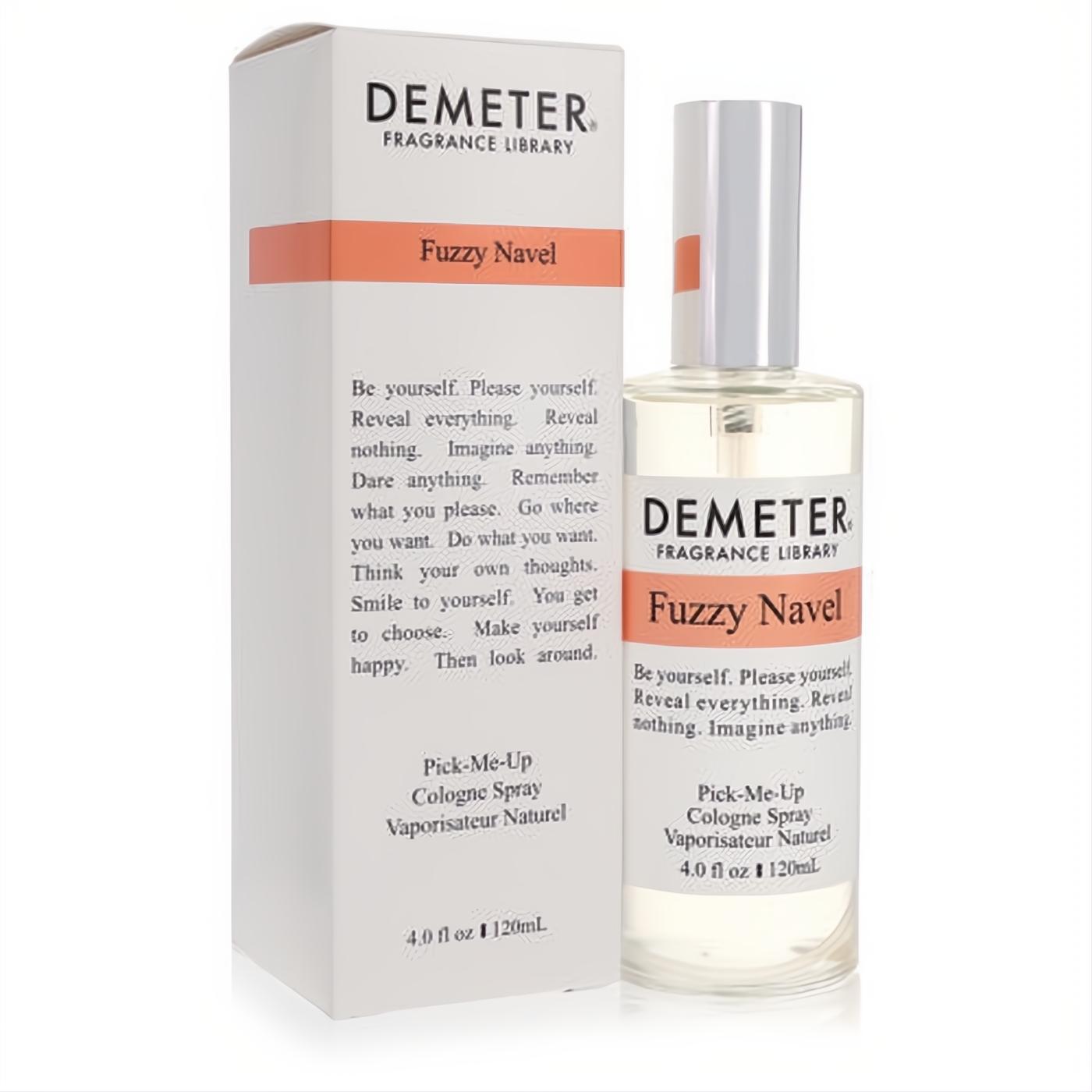 Demeter Fuzzy Navel 4 oz cologne spray, a vibrant clear bottle with silver cap, alongside its sleek white and orange box.