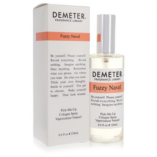 Demeter Fuzzy Navel 4 oz cologne spray, a vibrant clear bottle with silver cap, alongside its sleek white and orange box.