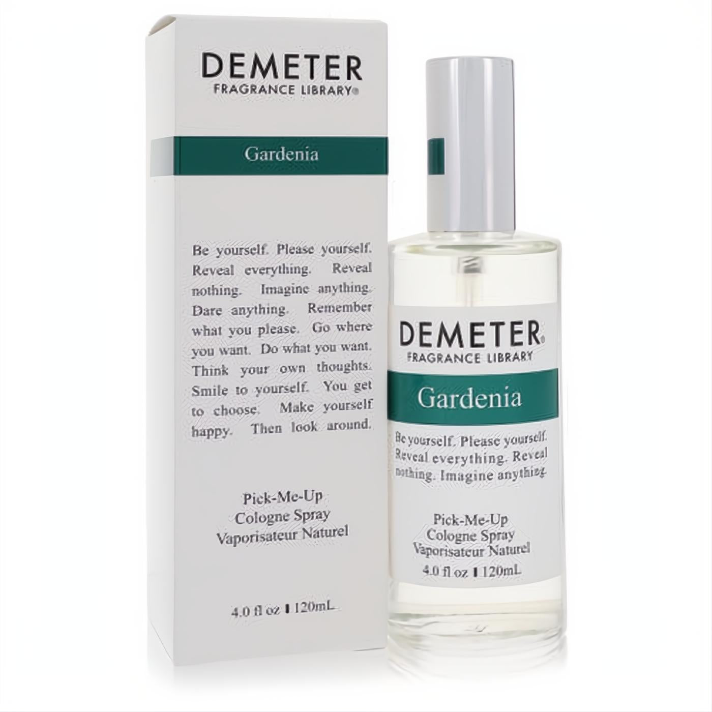 Elegant Demeter Gardenia 4 oz women's cologne spray. Clear glass bottle with white and teal label, silver cap, next to matching box.